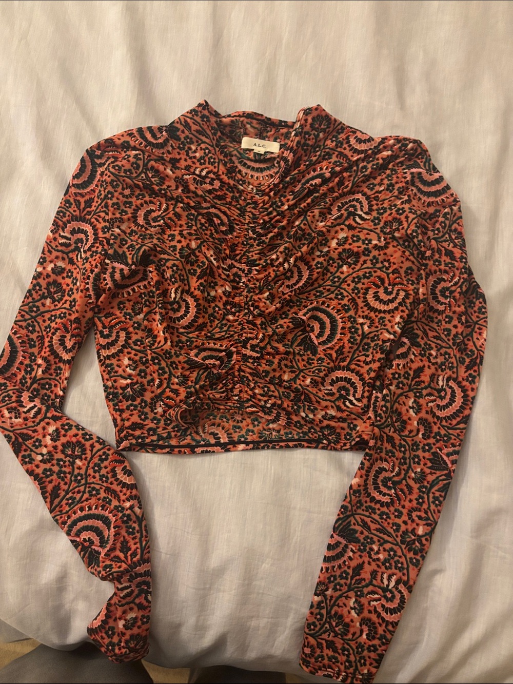 A.L.C. Coral Paisley Ruched Long Sleeve Cropped Top